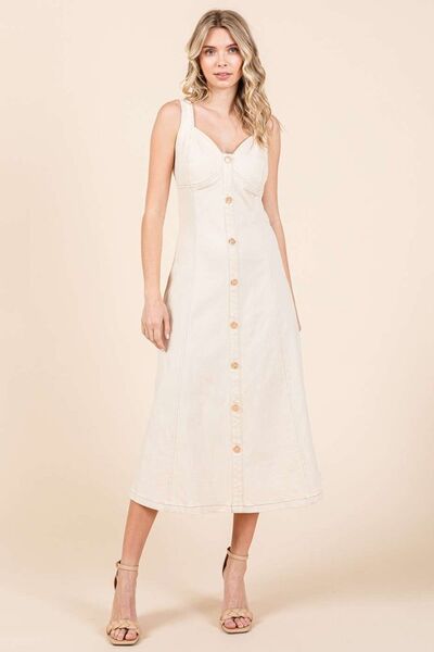 Stretch Twill Decor Button Sleeveless Midi Dress - Ro + Ivy