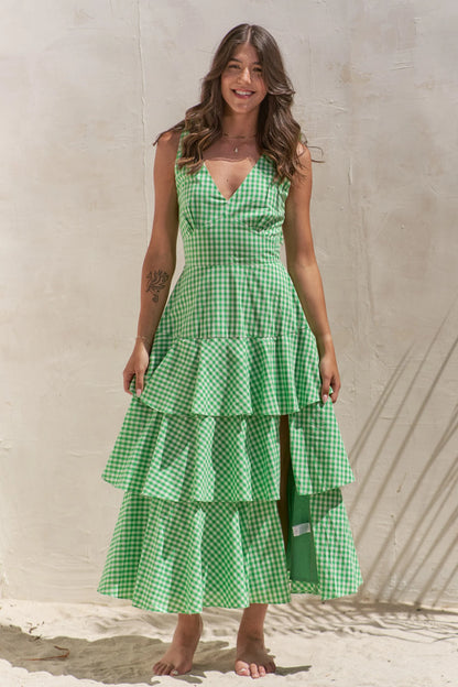 Full Size Sleeveless Gingham Print Tiered Midi Dress Plus Size – outfit idea for women | Ro + Ivy
