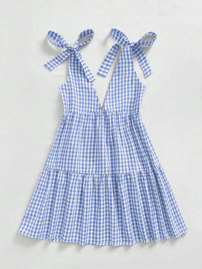 Women's Gingham Tie Shoulder Ruffle Hem Mini Dress - Mini Dresses