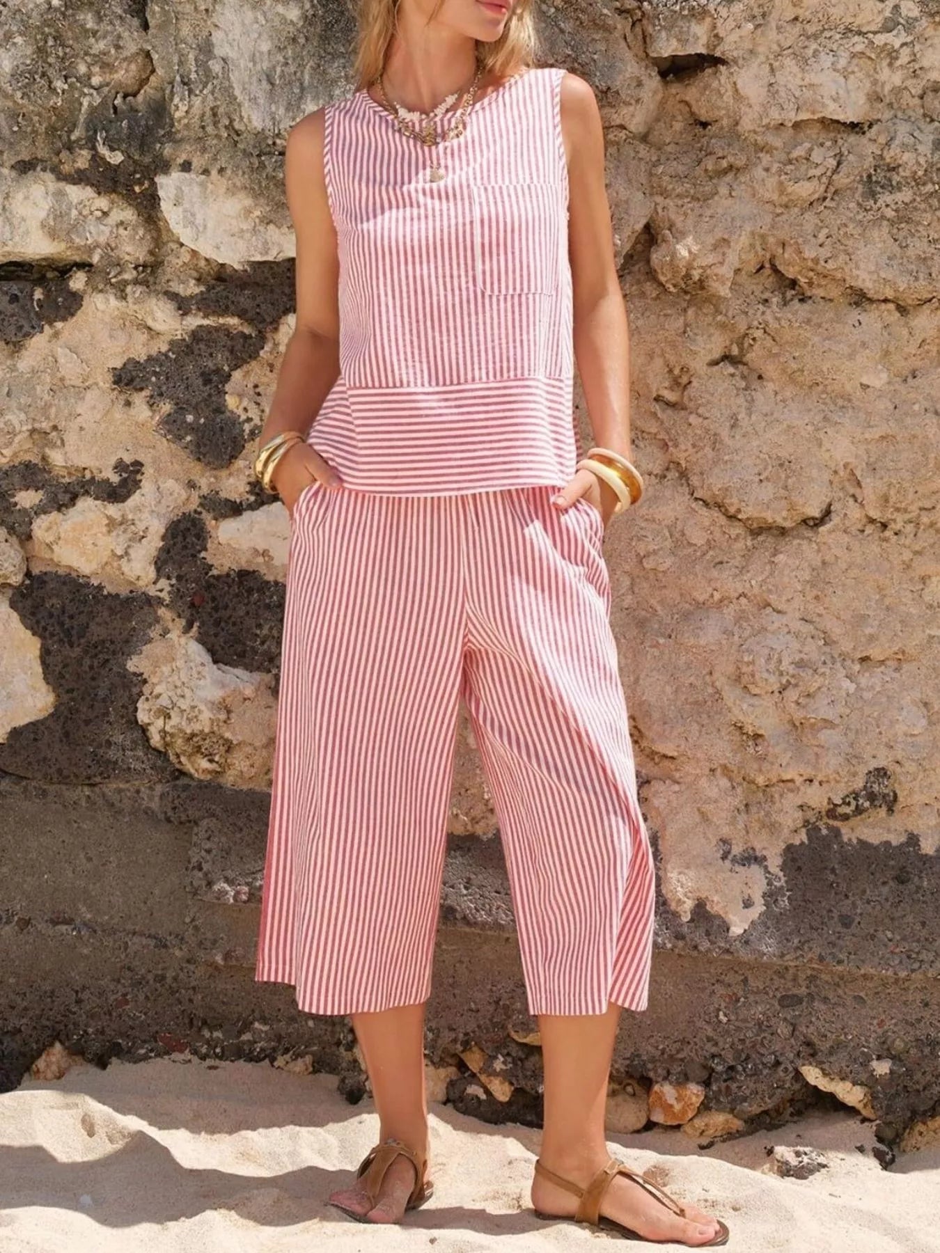 Women's Striped Sleeveless Top and Cropped Pants Set - Dusty Pink Matching Sets
