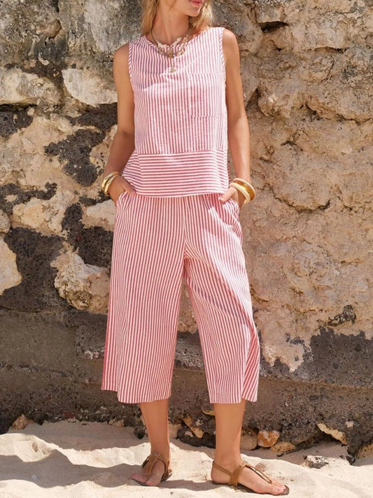 Women's Striped Sleeveless Top and Cropped Pants Set Dusty Pink