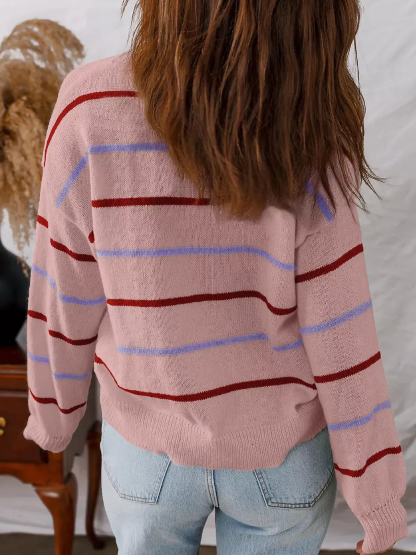 Women's Striped Round Neck Drop Shoulder Sweater - Sweaters