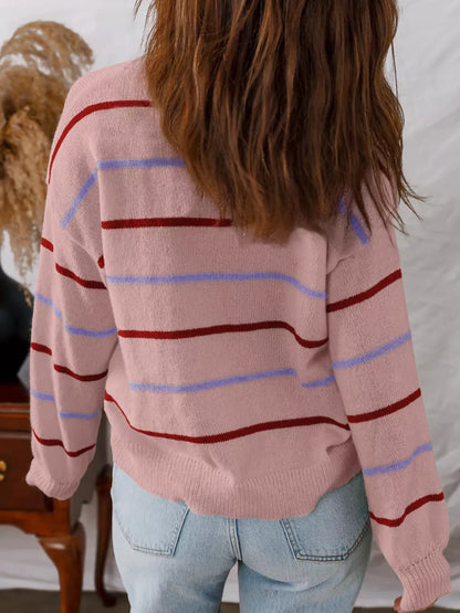 Women's Striped Round Neck Drop Shoulder Sweater - Sweaters