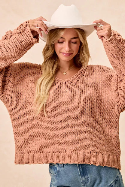 Knit V Neck Sweater with Flower Detailed Sleeves | Trendy Sweaters Outfit Idea for Women by Ro + Ivy | Elevated Basics, Modern Comfort & Style