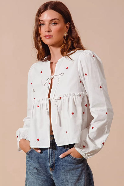 Front Tie Heart Embroidered Blouse With Puff Sleeve - Blouses