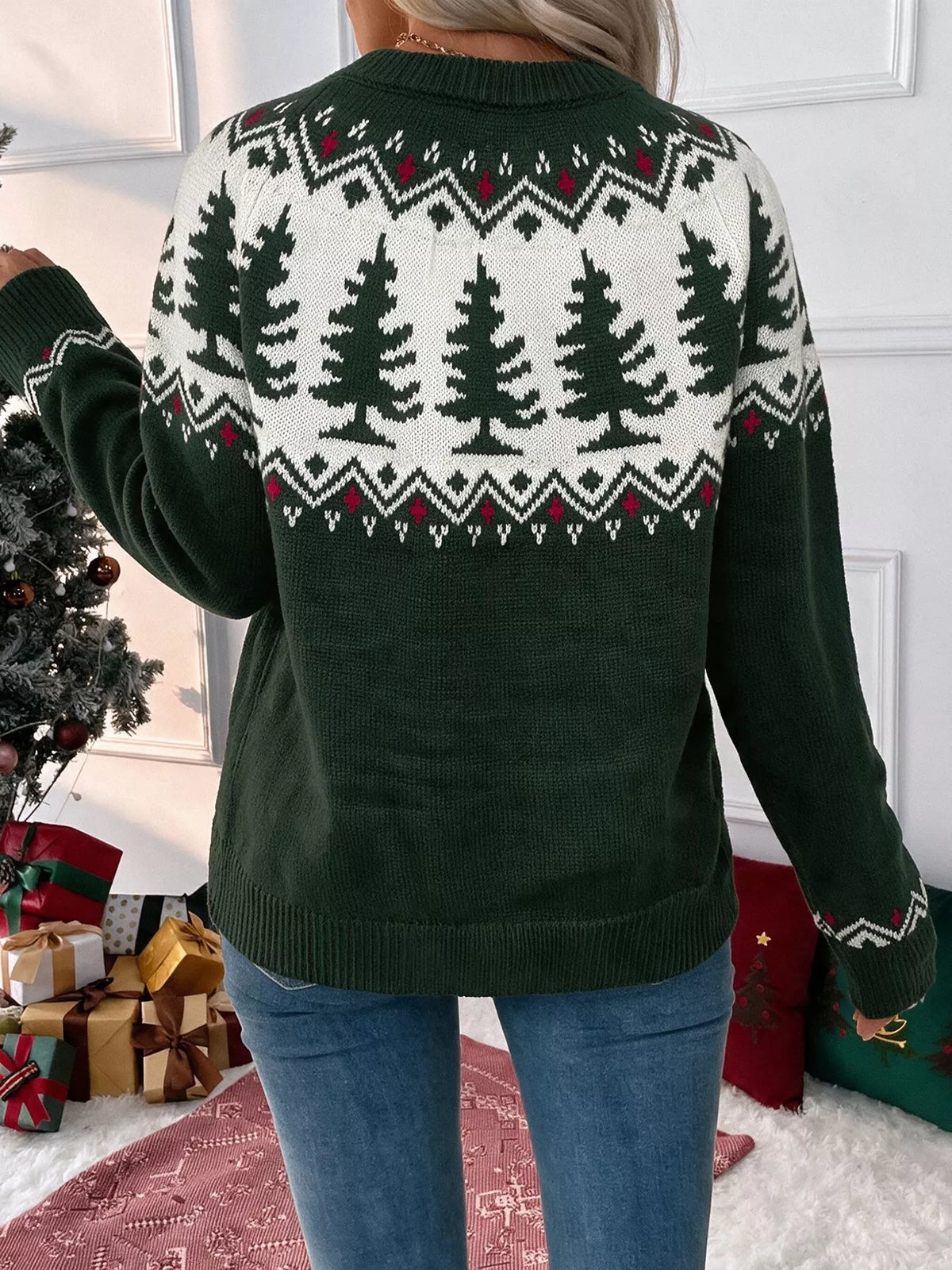 Christmas Tree Pattern Round Neck Stretch Knit Sweater