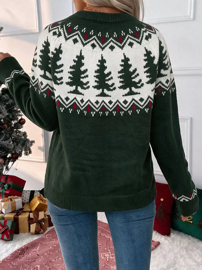 Christmas Tree Pattern Round Neck Stretch Knit Sweater