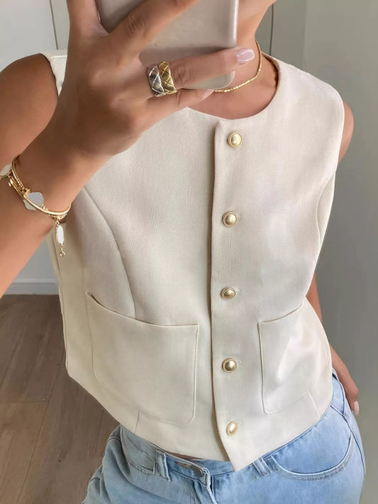 Women's Button Down Sleeveless Vest Beige