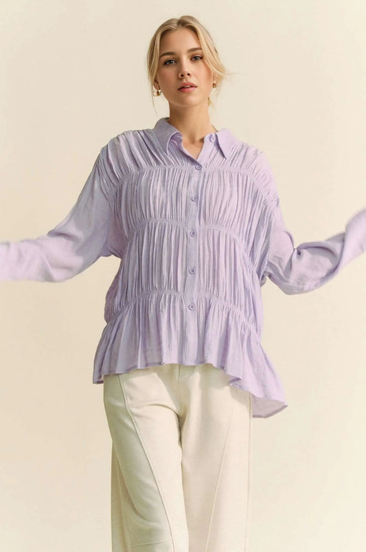Ruched All Over Button Front Shirt – LILAC outfit idea for women | Ro + Ivy