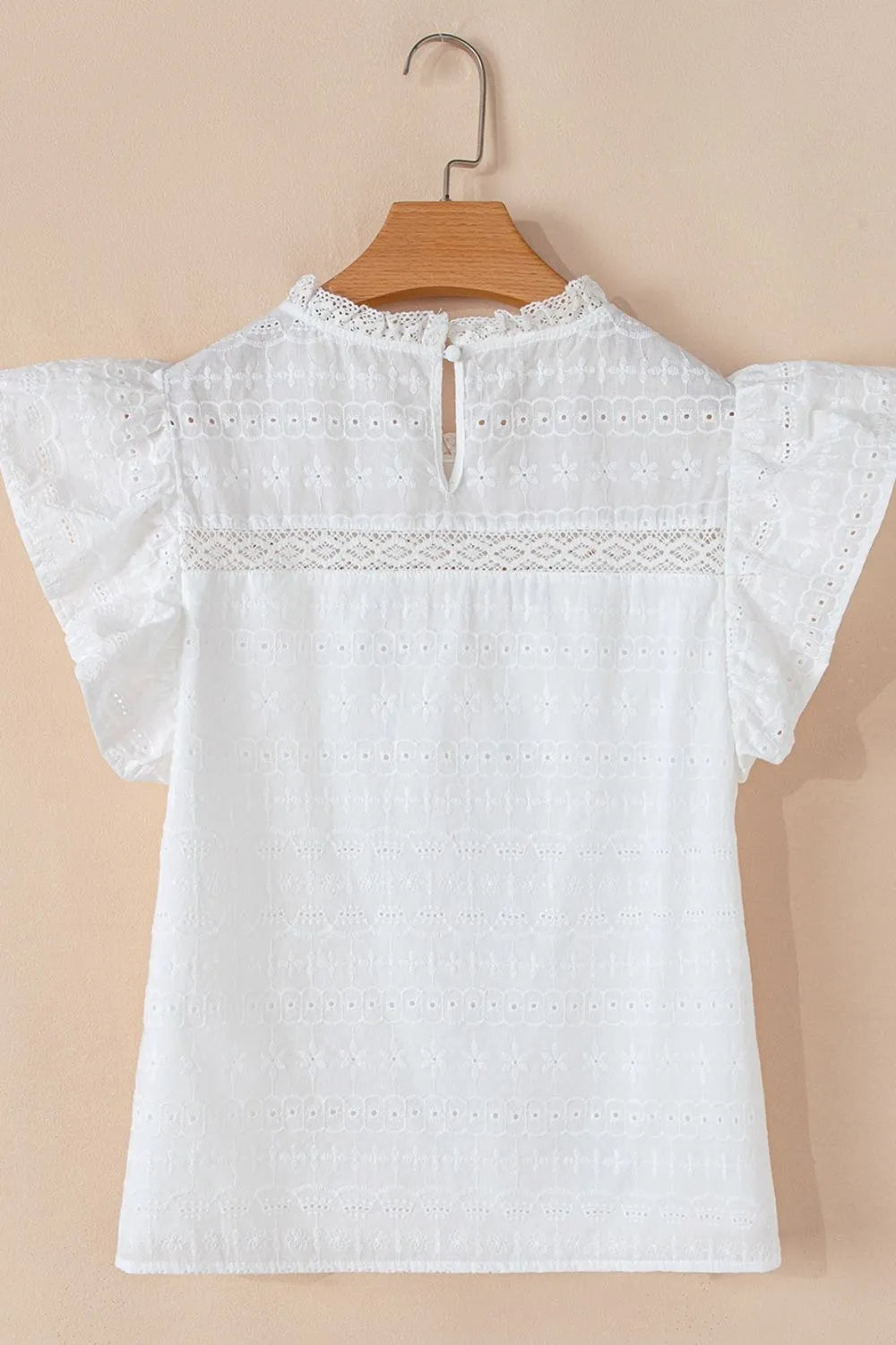 Round Neck Flutter Sleeve Eyelet Blouse with Lace - Blouses