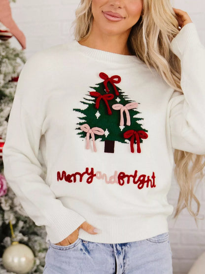 Christmas Tree Bow Drop-Shoulder Knit Sweater