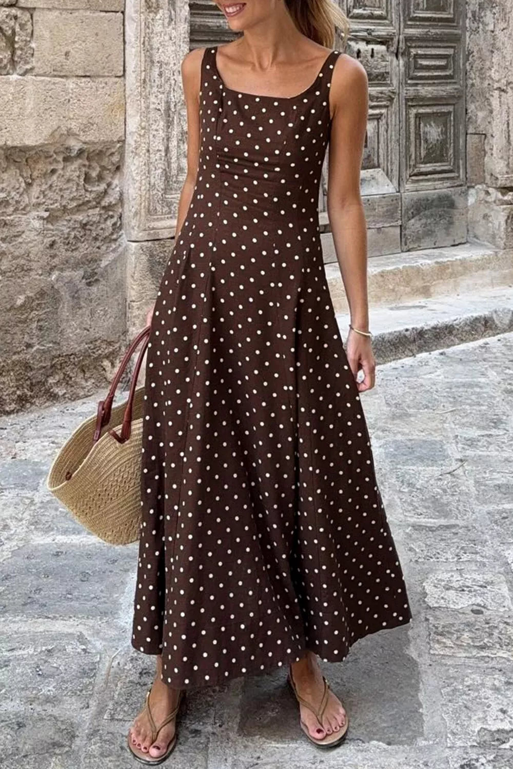 Women'ska Dot Square Neck Sleeveless Maxi Dress - Maxi Dresses