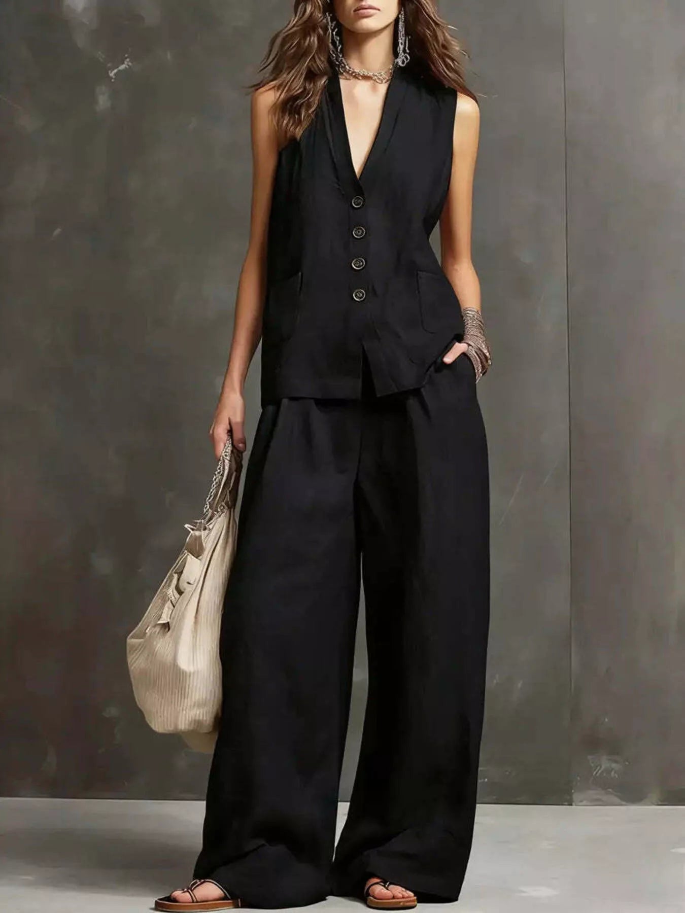 Women's Flowy Sleeveless Vest and Wide Leg Pants Set - Black Matching Sets