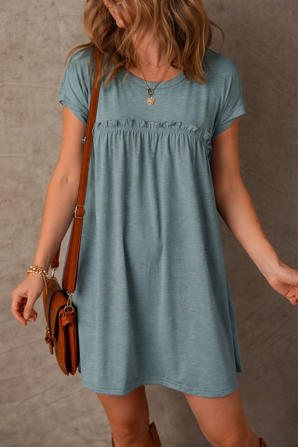 Gathered Seam Solid Casual T-Shirt Dress — Feminine Flowy Everyday Style - Mist Green T Shirt Dresses