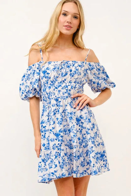 Off Shoulder Bubble Sleeve Mini Dress – outfit idea for women | Ro + Ivy