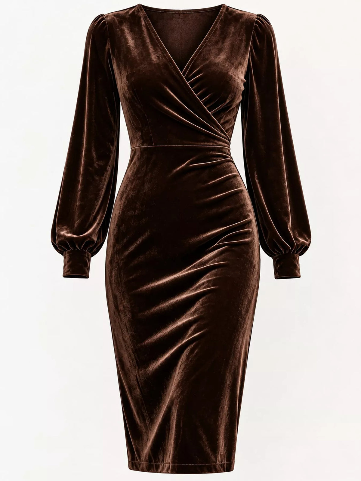 Long-Sleeve Velvet Wrap Dress with Ruched Bodycon Fit