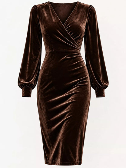 Long-Sleeve Velvet Wrap Dress with Ruched Bodycon Fit