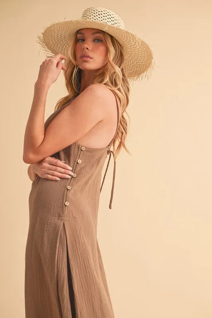 Side Button Cami Midi Dress in Mocha – outfit idea for women | Ro + Ivy