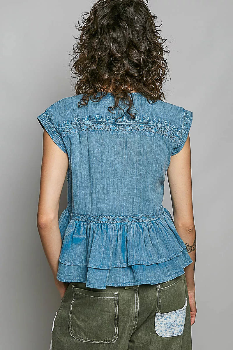 Women's Eyelet Embroidered Pintuck Cotton Blouse - Blouses