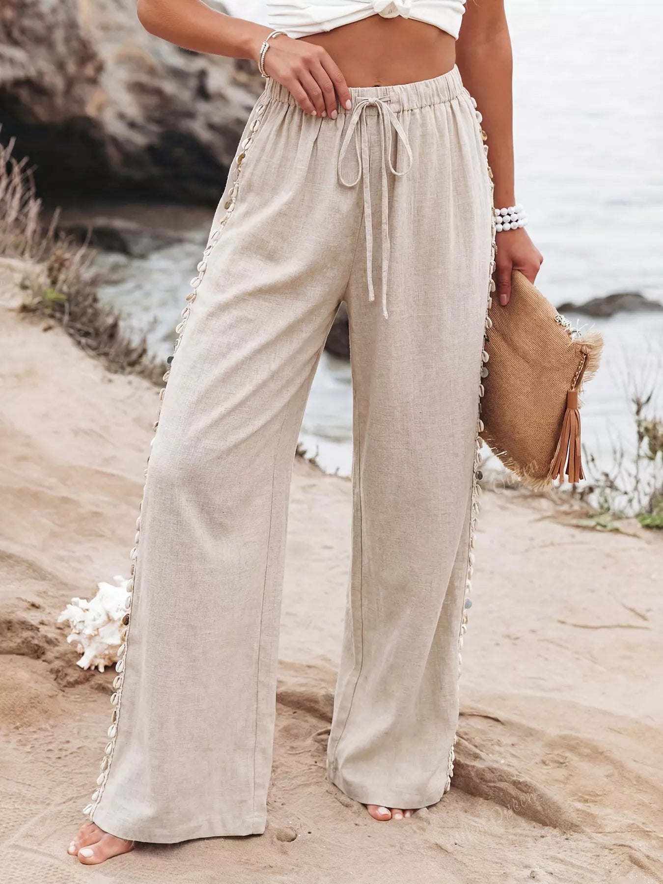 Women's Linen Blend Wide Leg Drawstring Pants - Pants