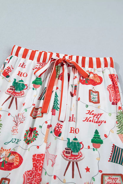 Striped Holiday Two-Piece Lounge Set with Button-Front Top and Matching Pants
