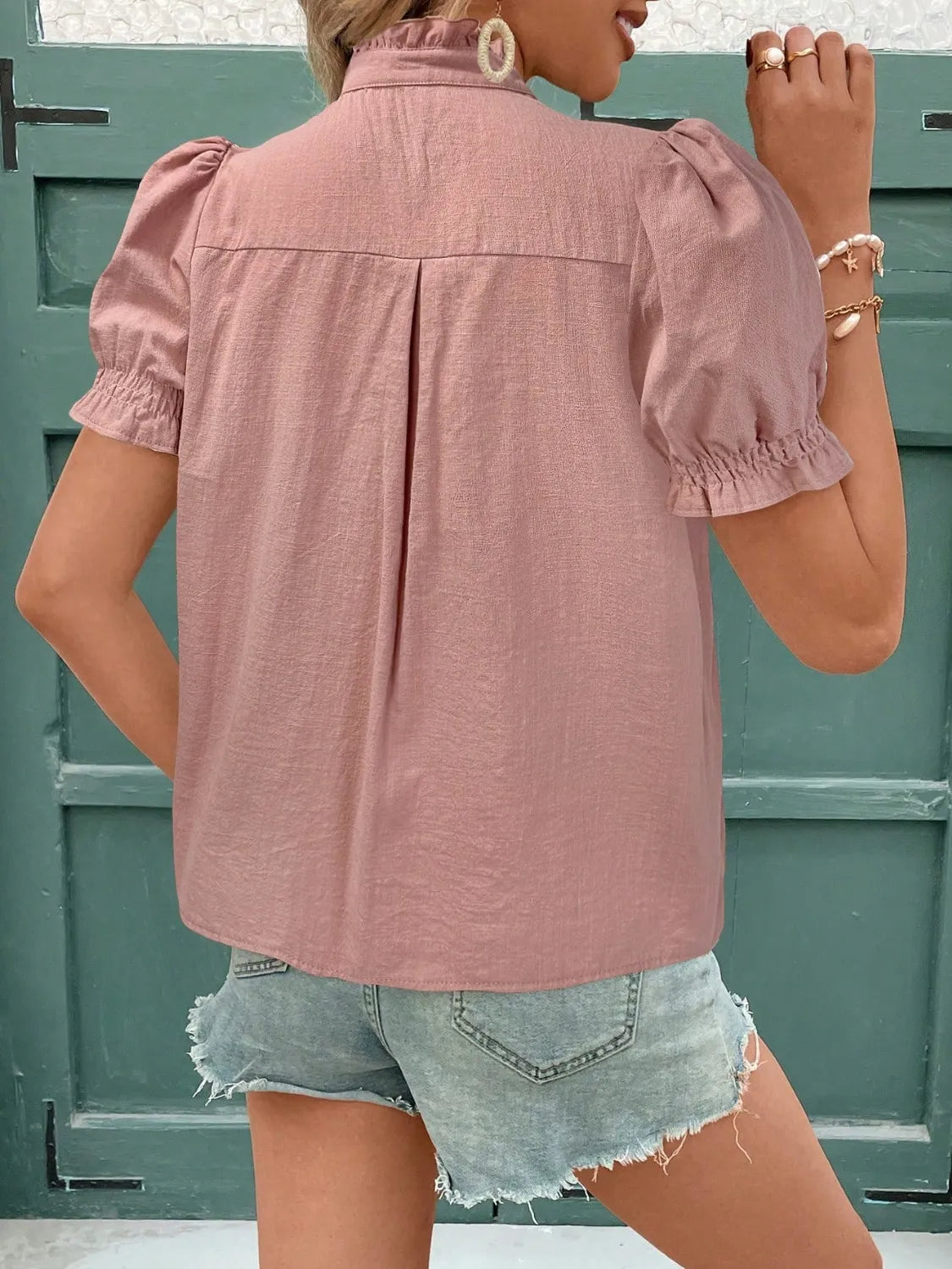 Embroidered Frill Notched Short Puff Sleeve Blouse - Blouses