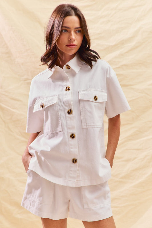 Button-Down Denim Shirt & Matching Shorts Two-Piece Set — Chic Casual Game Day Style - OFF WHITE Outfit Sets