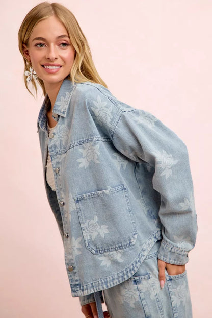 Women's Printed Washed Denim Jacket with Pocket - Jackets
