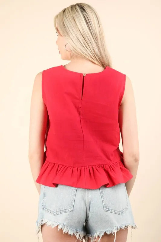 Cotton Side Tie Detail Ruffled Sleeveless Top - Tops