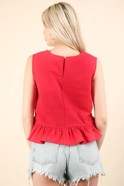Cotton Side Tie Detail Ruffled Sleeveless Top - Tops