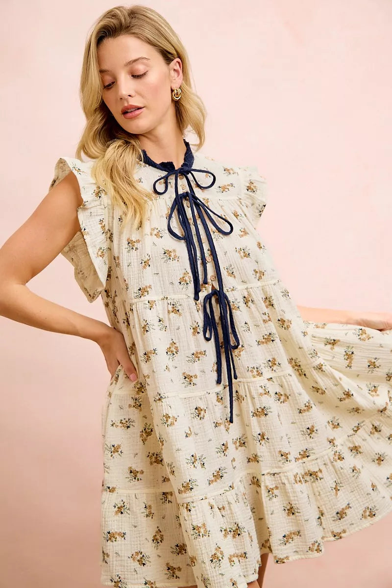 Women's Floral Tiered Ruffle Front Tie Mini Dress - Mini Dresses
