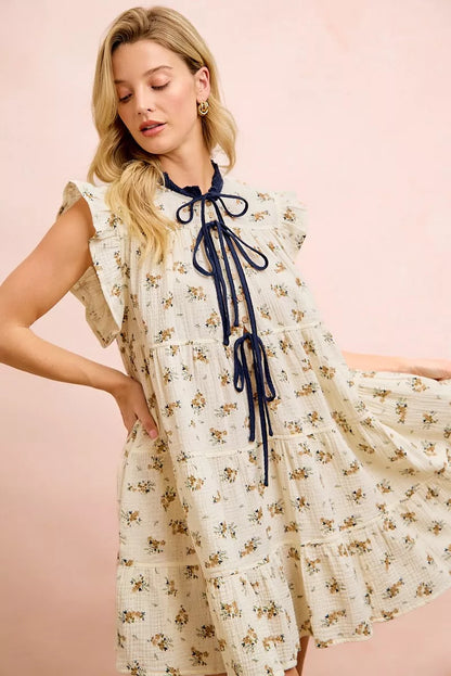 Women's Floral Tiered Ruffle Front Tie Mini Dress - Mini Dresses