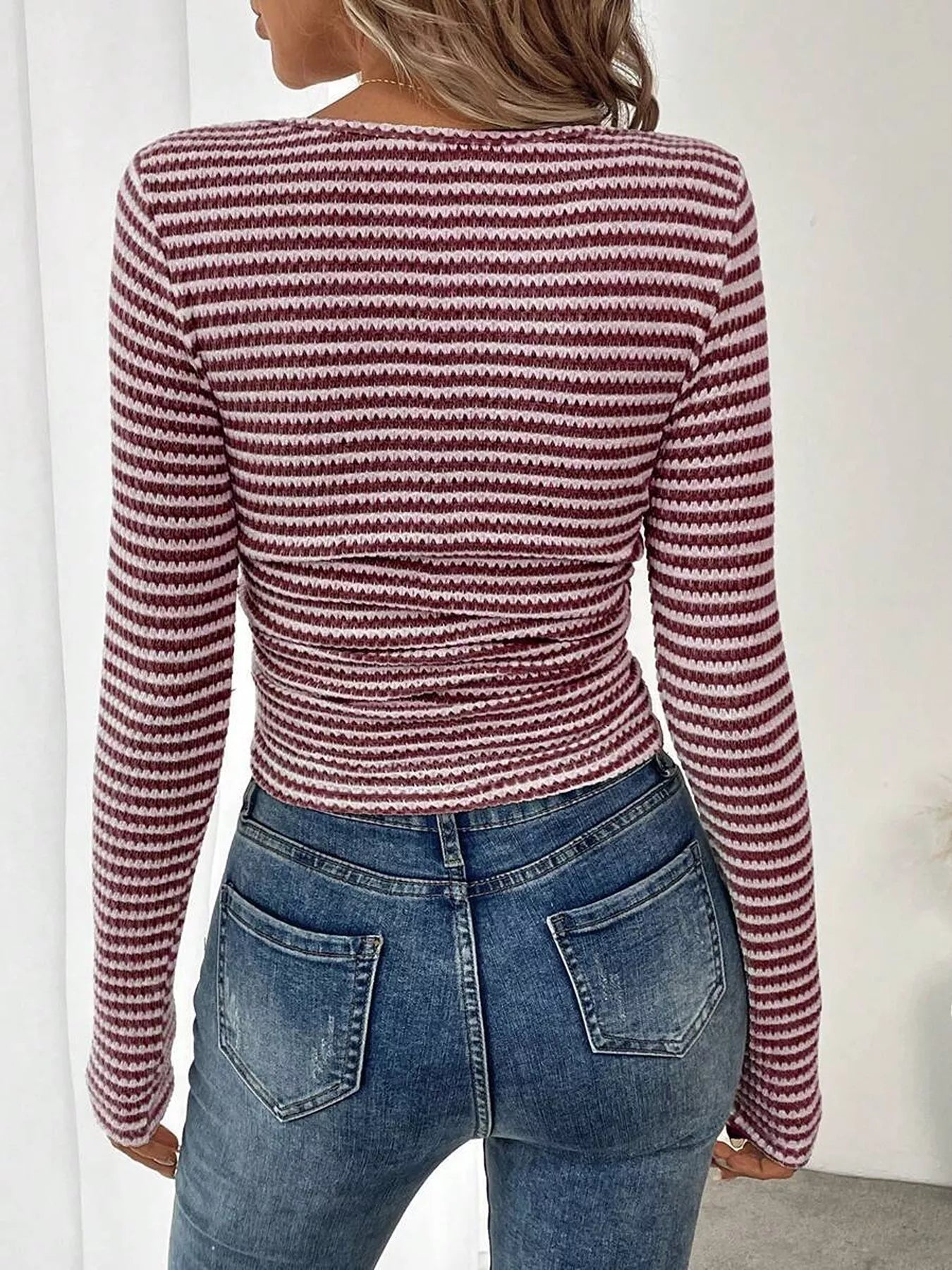 Women's Striped Square Neck Long Sleeve T-Shirt - T-Shirts