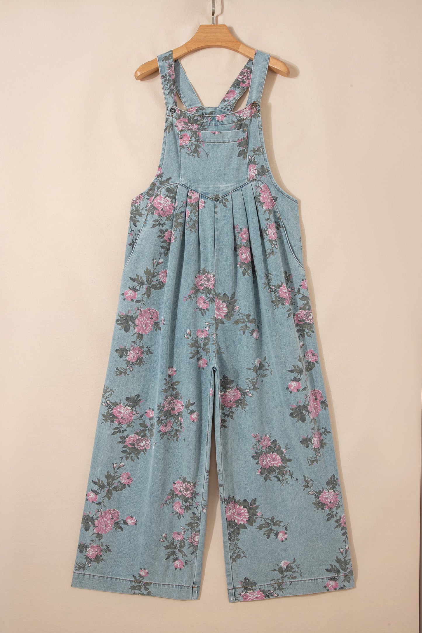 Floral Print Denim Wide Leg Adjustable Strap Jumpsuit — Boho Effortless Everyday Style - Jumpsuits & Rompers