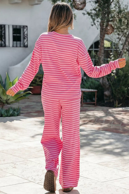 Women's Striped Drop Shoulder Round Neck Top and Buttoned Straight Pants Set - Matching Sets