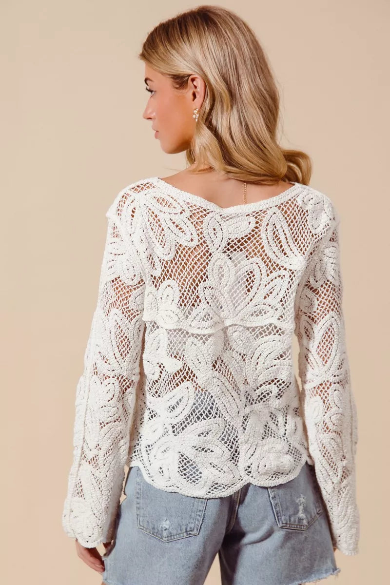 Floral Pattern Button Front Crochet Lace Cardigan — Delicate Lightweight Feminine Layering Style - Cardigans