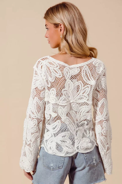 Floral Pattern Button Front Crochet Lace Cardigan — Delicate Lightweight Feminine Layering Style - Cardigans