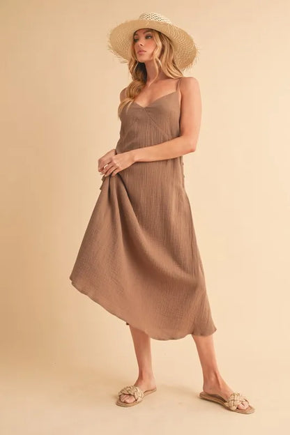Side Button Cami Midi Dress in Mocha – MOCHA outfit idea for women | Ro + Ivy