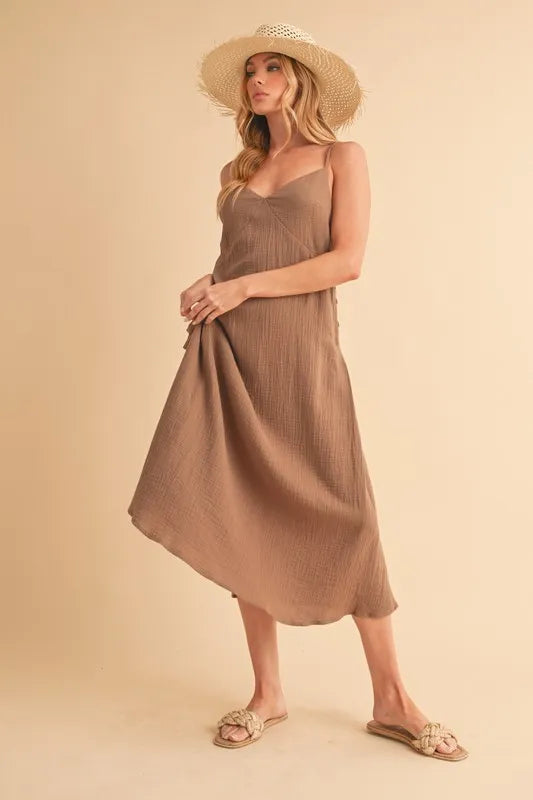 Side Button Cami Midi Dress in Mocha – MOCHA outfit idea for women | Ro + Ivy