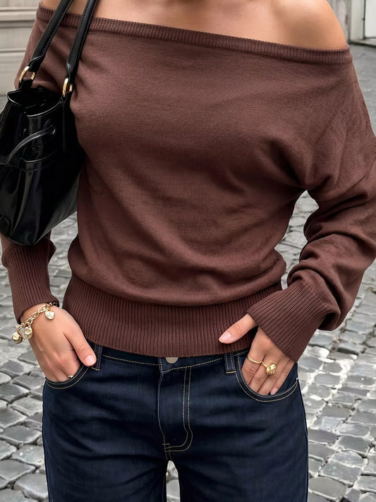 Off Shoulder Boat Neck Long Sleeve Top Brown