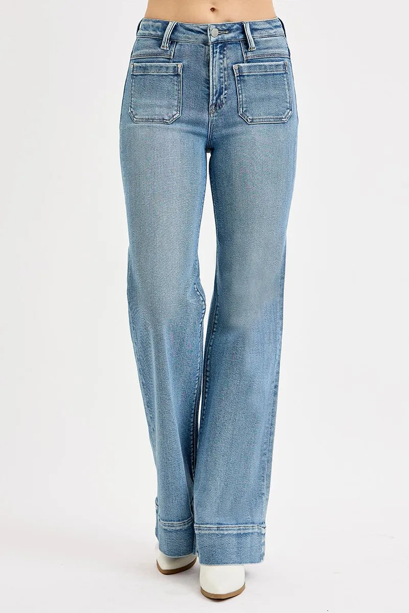 Full Size High Rise Wide Flare Patch Pocket Jeans Plus Size – outfit idea for women | Ro + Ivy