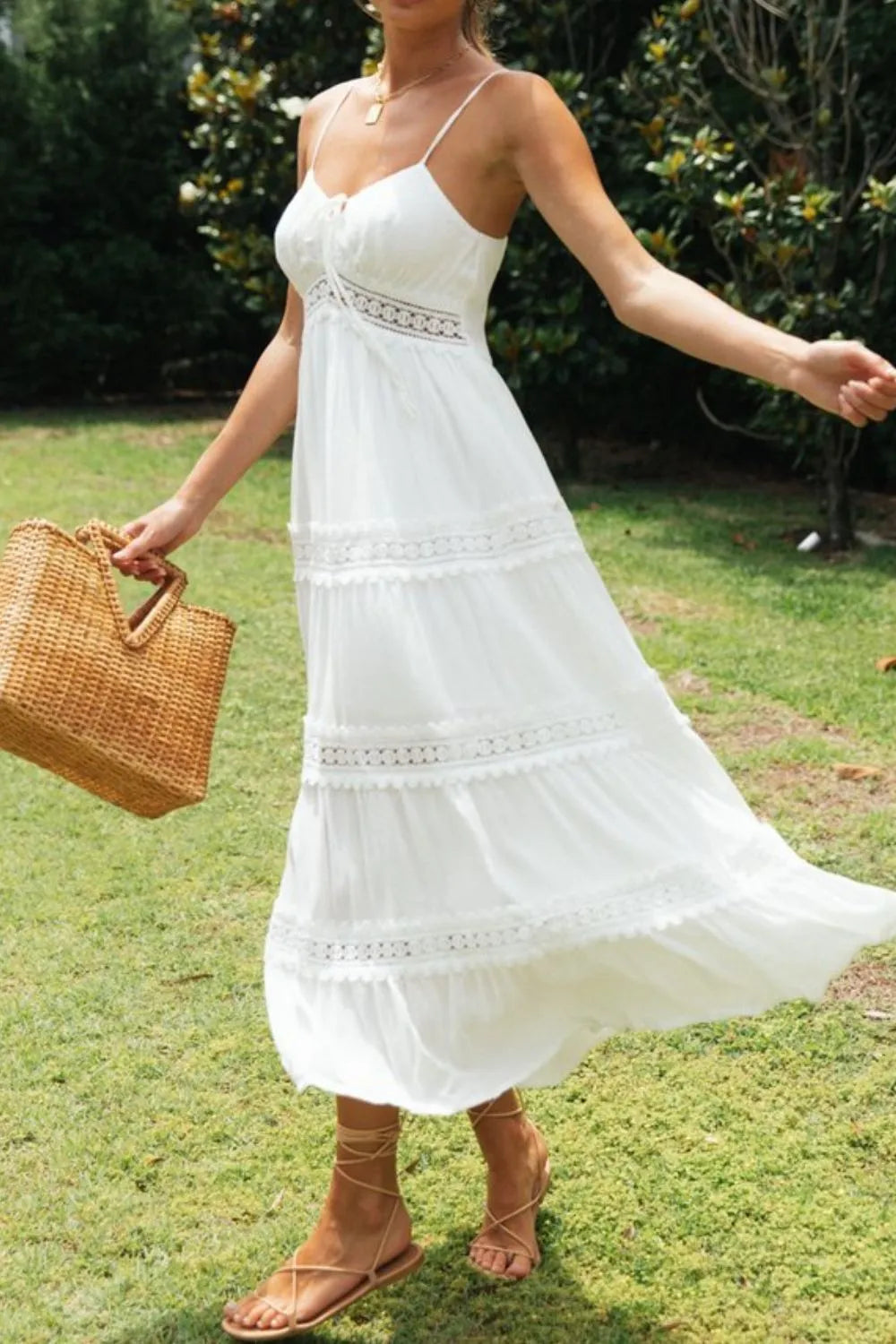 Lace Detail Smocked Midi Cami Dress - Midi Dresses
