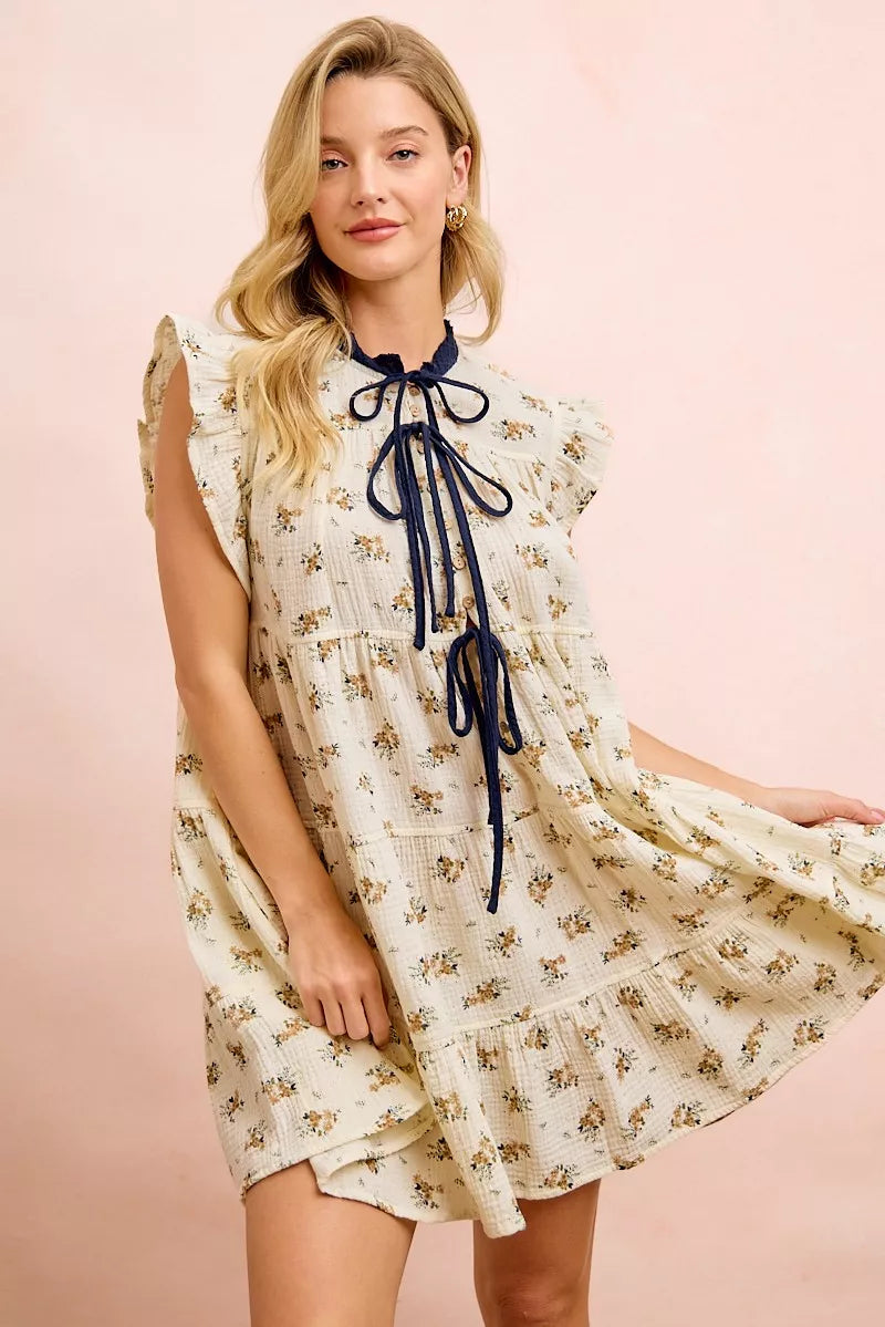 Women's Floral Tiered Ruffle Front Tie Mini Dress - Mini Dresses