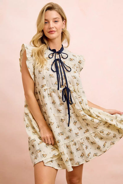 Women's Floral Tiered Ruffle Front Tie Mini Dress - Mini Dresses