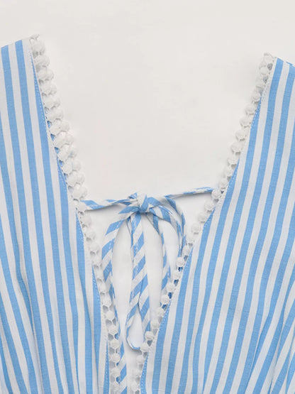 Women's Striped Pom-Pom Trim Tie Front Sleeveless Mini Dress - Mini Dresses