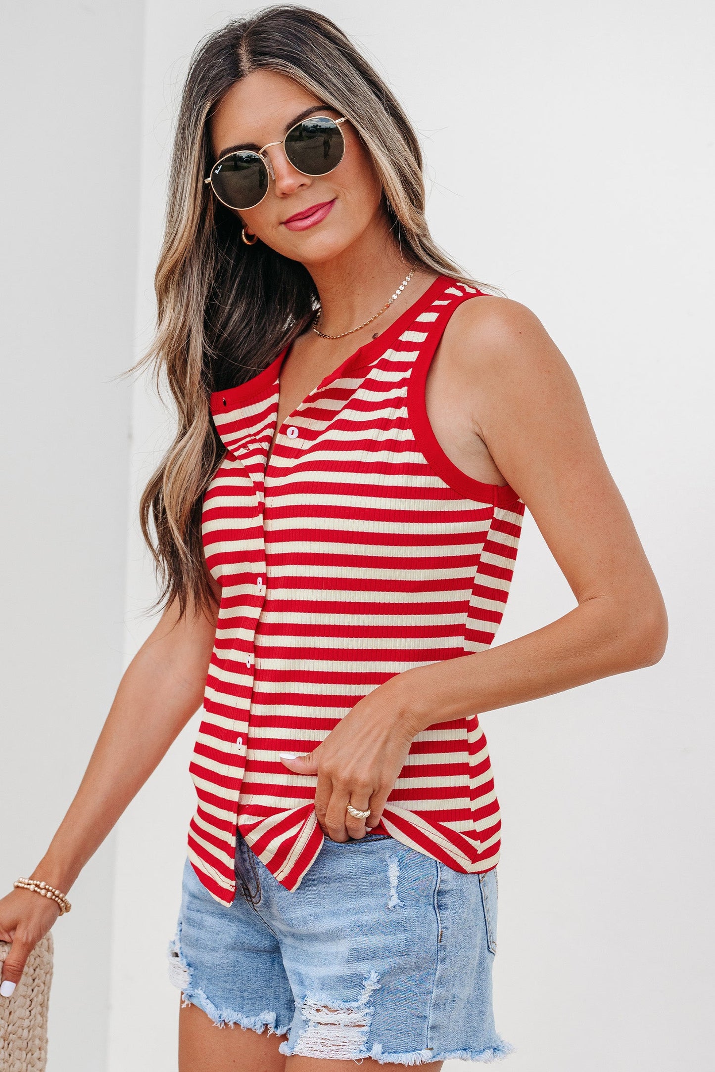 Bold Stripe Round Neck Ribbed Knit Sleeveless Tank Top — Fresh Everyday Style - Red Stripe Tank Tops
