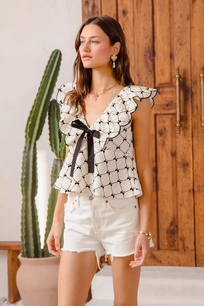 Textured V Neck Bow Tie Short Sleeve Scallop Blouse | Trendy Blouses Outfit Idea for Women by Ro + Ivy | Elevated Basics, Modern Comfort & Style