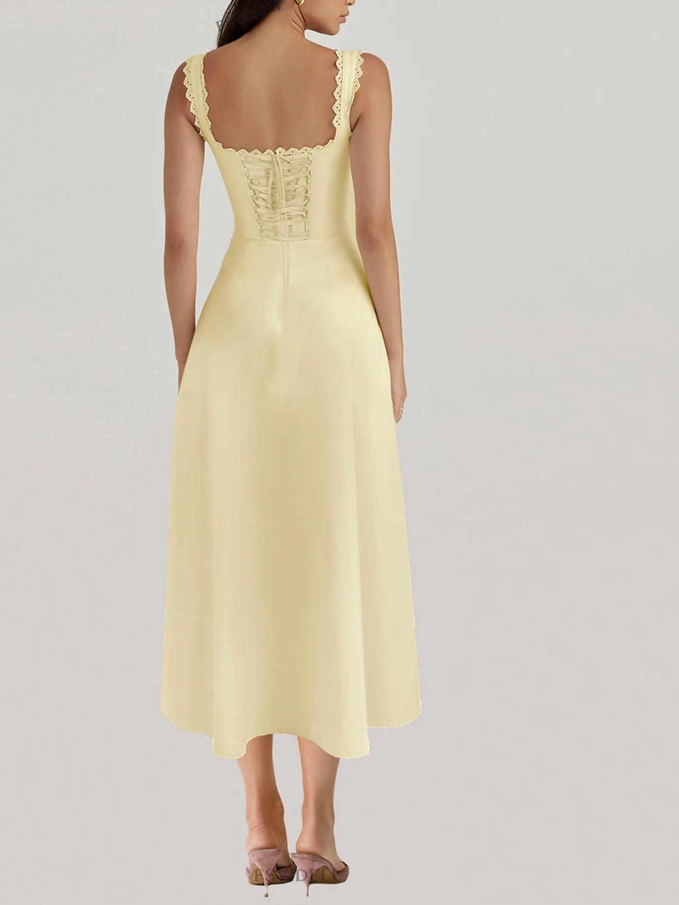 Women's Scalloped V-Neck Midi Dress with Back Lace-Up - Midi Dresses