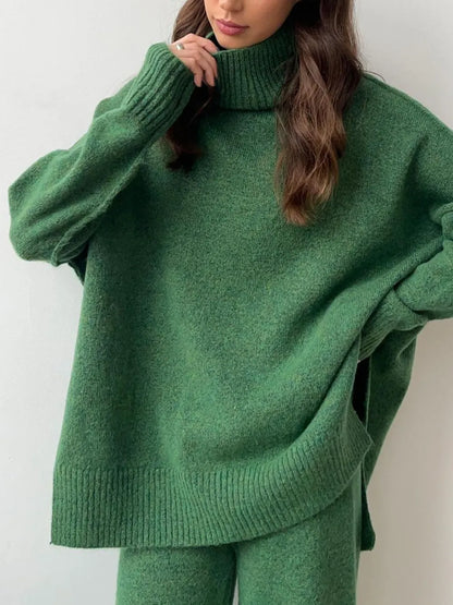 Long Sleeve Turtleneck Top with Slit and Pants Loungewear Set - Dark Green One Size Loungewear Sets