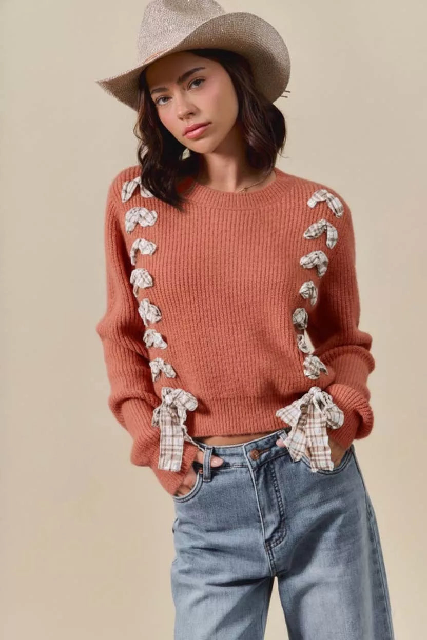 RUST Checkered Plaid Tape Lace Up Ribbed Sweater | Trendy Sweaters Outfit Idea for Women by Ro + Ivy | Elevated Basics, Modern Comfort & Style